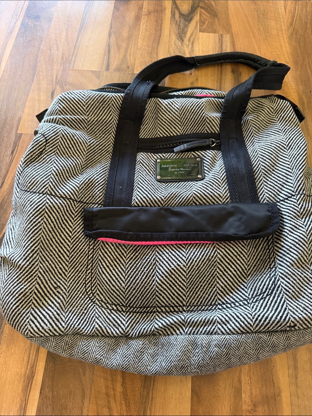 Vintage lululemon athletica Black & White Herringbone wool Duffel with Pink Trim